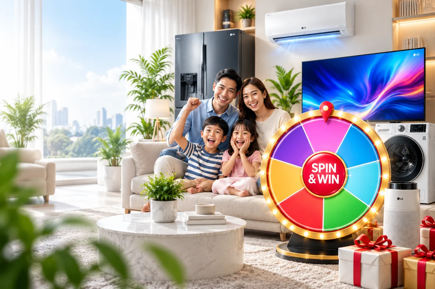 Family with home appliances and a prize wheel